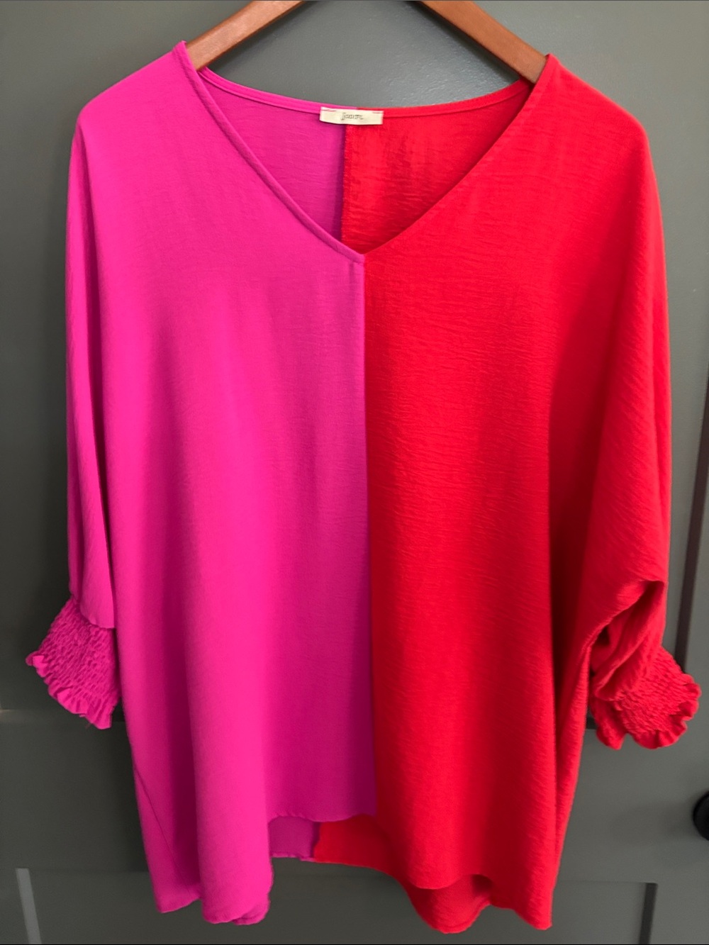 Jodifl -Tone V-Neck Blouse in Hot Pink & Red